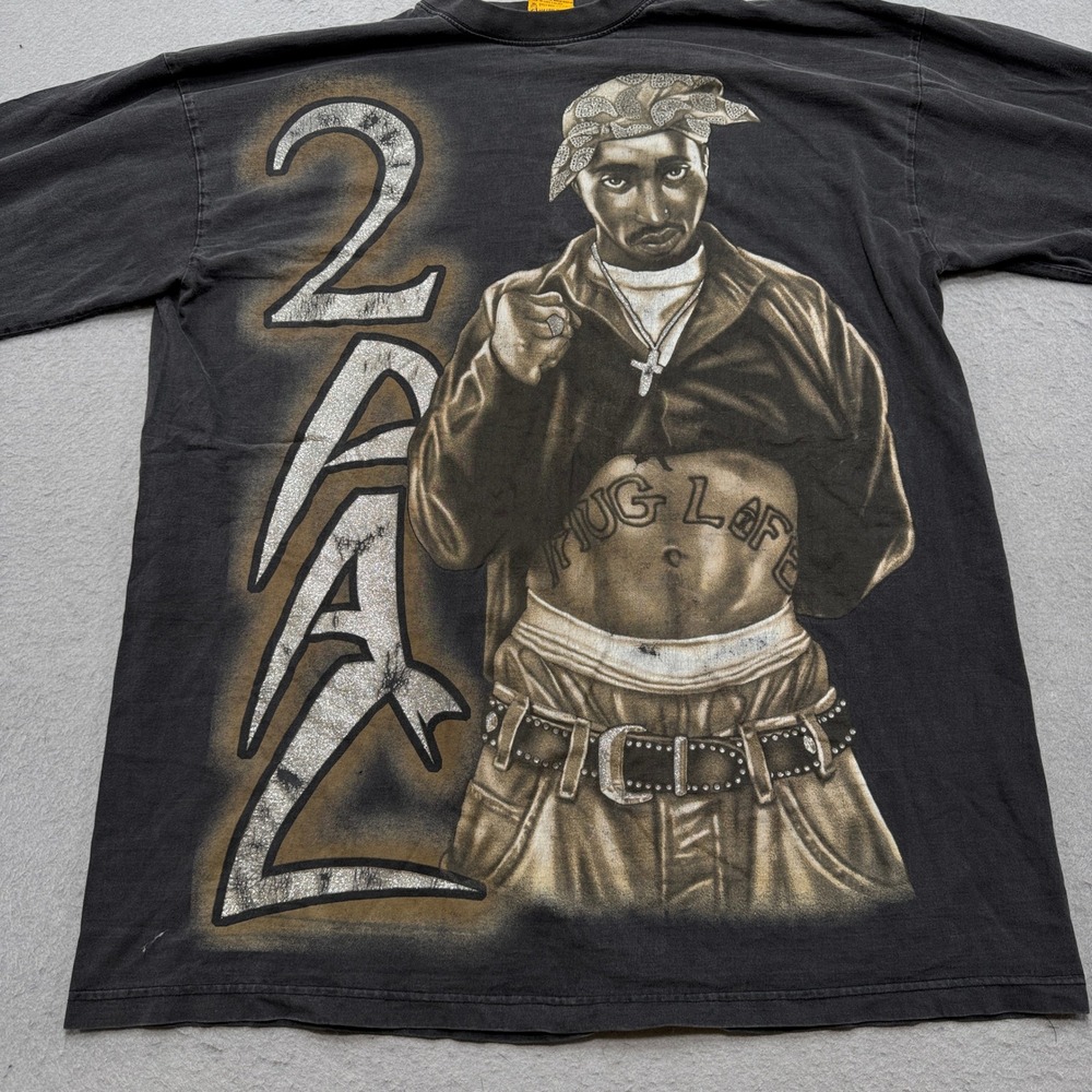 Y2K 2Pac Tupac Shakur Shirt Men's 3XL Black Long Sleeve Thug Life Hip Hop